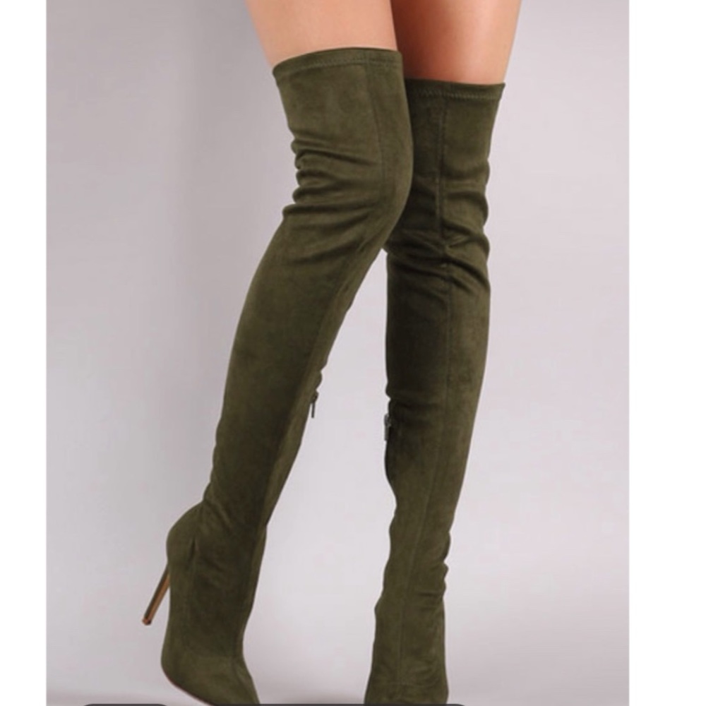Green suede textured thigh high boots